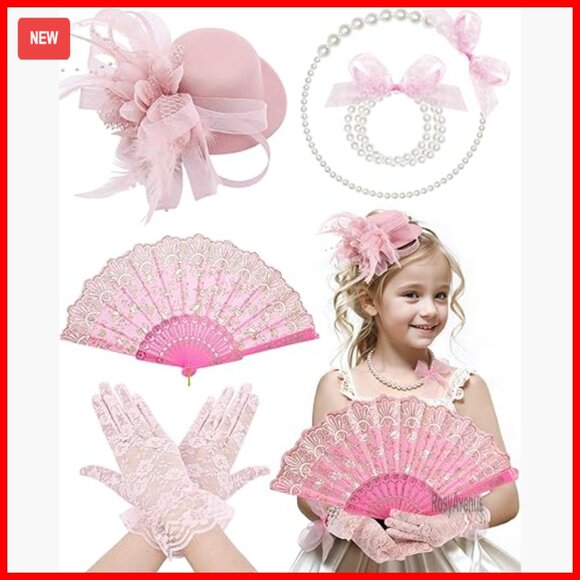 5-Piece Tea Party Set with Top Hat, Gloves, Jewelry, and Fan